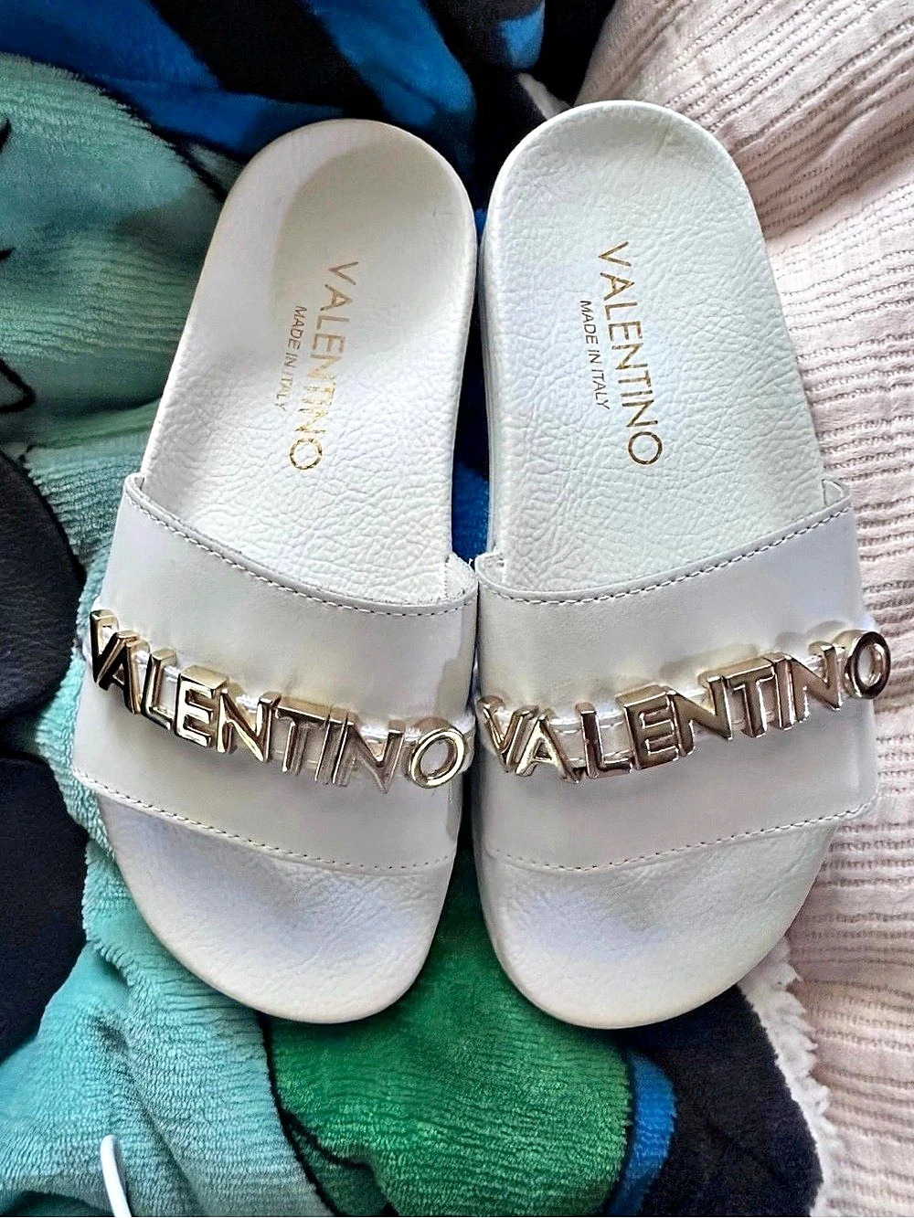 Valentino Logo Slide Sandals in White Like New